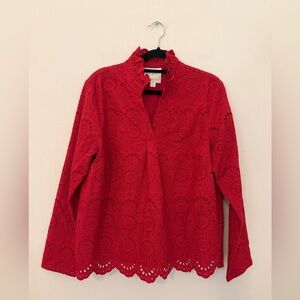 Sail To Sable Red Eyelet Scalloped Hem Lace Top Sz L Preppy Coastal Spring
